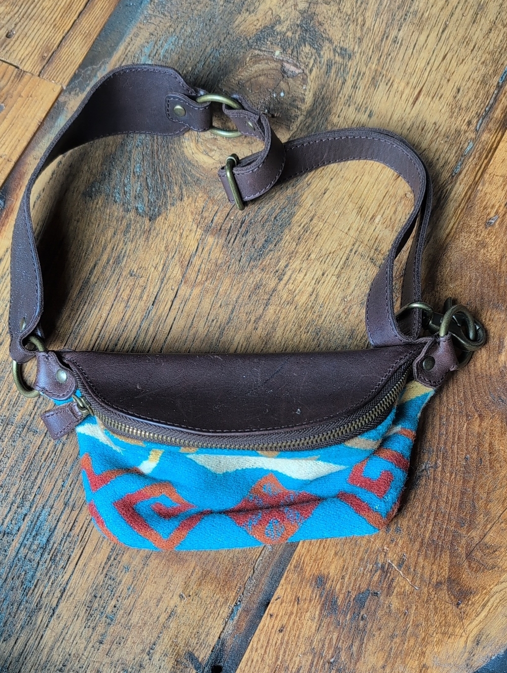 Pendleton Southwestern Pattern Turquoise & Brown Leather Waist Bag